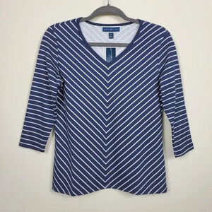 Karen Scott Striped Top Intrepid Womans PS Navy White Petite V Neckline